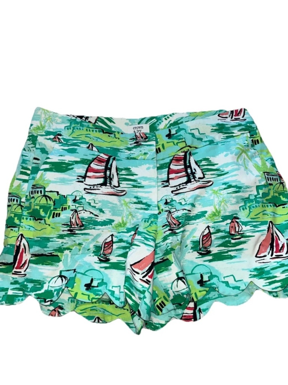 Crown & Ivy Scalloped Hem Sailboat Shorts White Blue Size 2